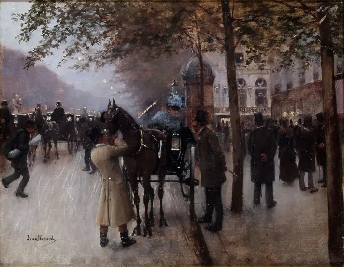 Framed Print : Boulevard des Capucines, in the evening, in front of Cafe Napolitain, c1880. Creator: Jean Beraud Framed Print : Boulevard des Capucines, in the evening, in front of Cafe Napolitain, c1880. Creator: Jean Beraud