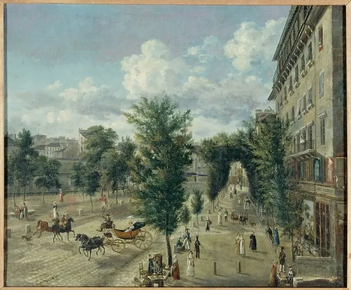 Framed Print : Boulevard des Capucines and rue Basse-du-Rempart, 2nd and 9th arrondissements, between 1818 and 1820 Creator: Alexandre Pau de Saint-Martin Framed Print : Boulevard des Capucines and rue Basse-du-Rempart, 2nd and 9th arrondissements, between 1818 and 1820 Creator: Alexandre Pau de Saint-Martin