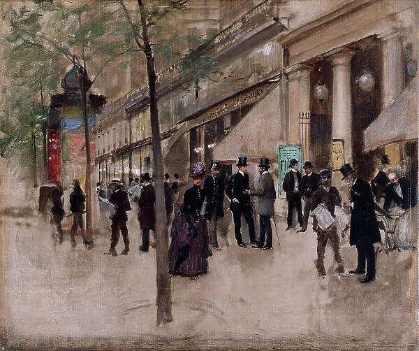 Boulevard Montmartre, in front of the Théâtre des Varieties, in the afternoon, c1885. Creator: Jean Beraud