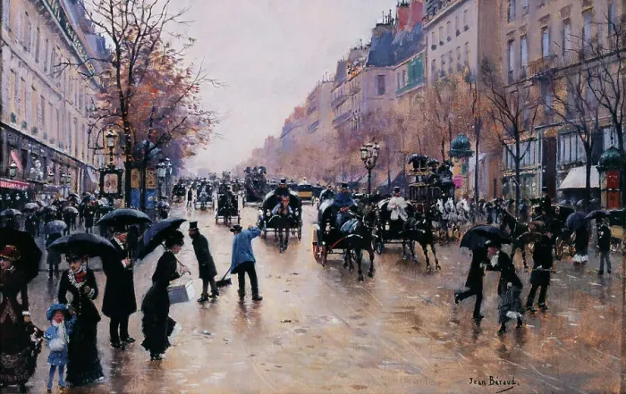 Framed Print : Boulevard Poissoniere in the rain, c1880. Creator: Jean Beraud