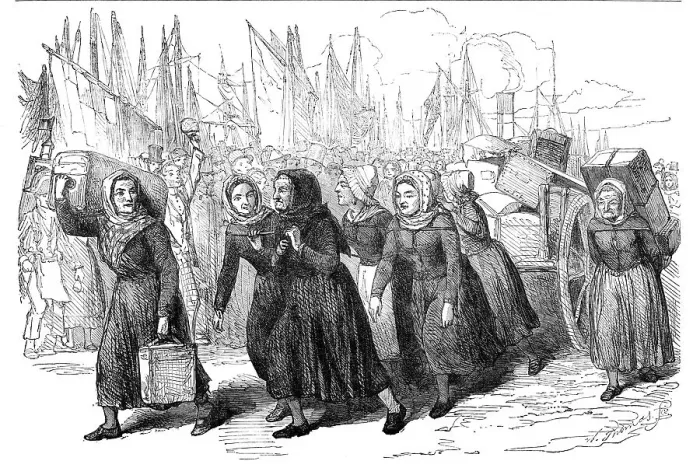Framed Print : Boulogne Fishwomen carrying the Luggage of the Nurses for the East, 1854. Creator: William Thomas Framed Print : Boulogne Fishwomen carrying the Luggage of the Nurses for the East, 1854. Creator: William Thomas