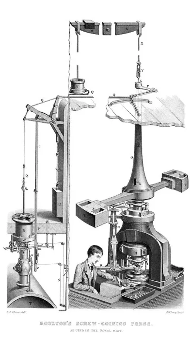 Framed Print : Boultons Screw Coining Press, As Used in the Royal Mint, 1866. Artist: Joseph Wilson Lowry Framed Print : Boultons Screw Coining Press, As Used in the Royal Mint, 1866. Artist: Joseph Wilson Lowry