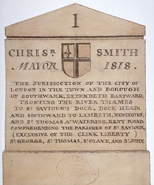 Boundary stone between the City of London and the borough of Southwark, London, c1820