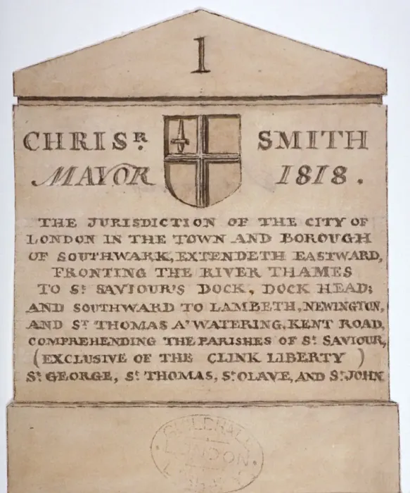Framed Print : Boundary stone between the City of London and the borough of Southwark, London, c1820 Framed Print : Boundary stone between the City of London and the borough of Southwark, London, c1820