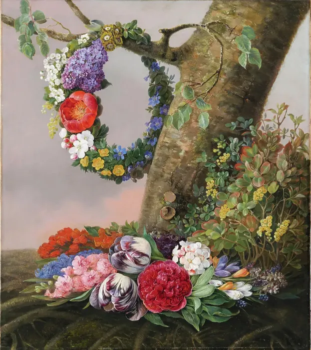 Framed Print : A bouquet of flowers at the foot of a tree; A wreath hangs on a branch, 1832. Creator: Christine Lovmand Framed Print : A bouquet of flowers at the foot of a tree; A wreath hangs on a branch, 1832. Creator: Christine Lovmand