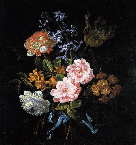 Bouquet of poppy anemones, roses, double campernelle, a hyacinth, a tulip and auricula tied with a b Artist: Monnoyer, Jean-Baptiste (1636-1699)