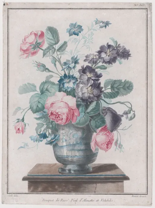 Framed Print : Bouquet of Roses, Larkspur and Convolvulus, mid to late 18th century. Creator: Louis Marin Bonnet Framed Print : Bouquet of Roses, Larkspur and Convolvulus, mid to late 18th century. Creator: Louis Marin Bonnet