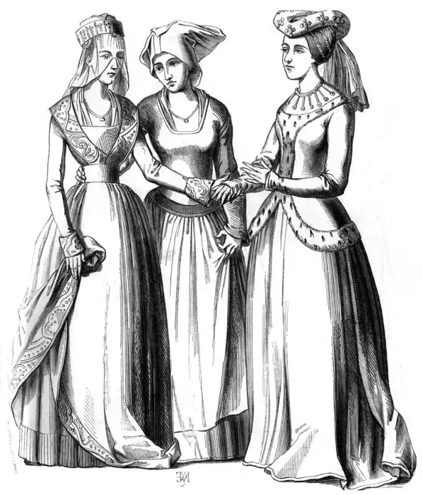 Framed Print : A bourgeoise, a peasant and a noble women, 14th century (1849). Artist: A Bisson Framed Print : A bourgeoise, a peasant and a noble women, 14th century (1849). Artist: A Bisson