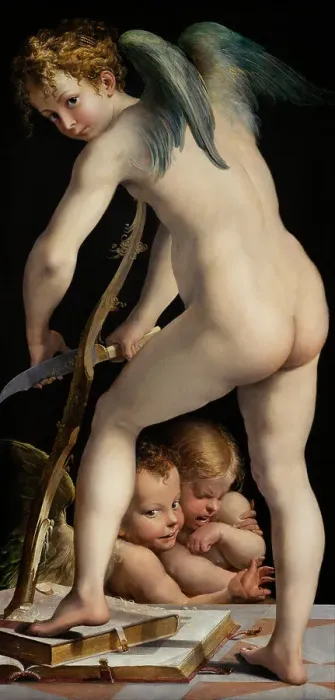 Framed Print : Bow-carving Cupid, Between 1534 und 1540. Artist: Parmigianino (1503-1540) Framed Print : Bow-carving Cupid, Between 1534 und 1540. Artist: Parmigianino (1503-1540)