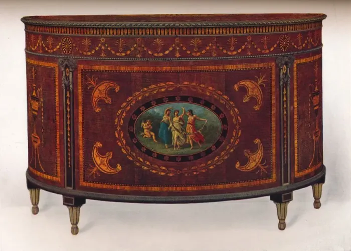 Framed Print : Bow-Fronted Commode, with Metal Mouldings and Headings, veneered and inlaid with coloured woods, c Framed Print : Bow-Fronted Commode, with Metal Mouldings and Headings, veneered and inlaid with coloured woods, c