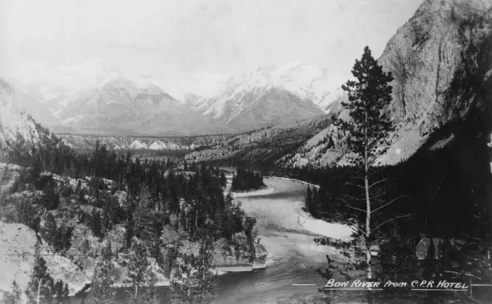 Framed Print : Bow River from the CPR Hotel, Banff, Alberta, Canada, c1930s(?). Artist: Marjorie Bullock Framed Print : Bow River from the CPR Hotel, Banff, Alberta, Canada, c1930s(?). Artist: Marjorie Bullock