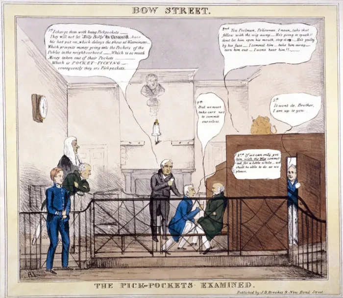 Framed Print : Bow Street, the pick-pockets examined, London, 1830. Artist: LB Framed Print : Bow Street, the pick-pockets examined, London, 1830. Artist: LB