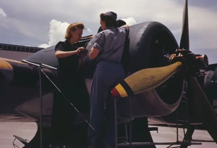 Framed Print : Bowen, a riveter, and Olsen, her supervisor, in the Assembly... Air Base, Corpus Christi, Texas, 1942 Creator: Howard Hollem Framed Print : Bowen, a riveter, and Olsen, her supervisor, in the Assembly... Air Base, Corpus Christi, Texas, 1942 Creator: Howard Hollem