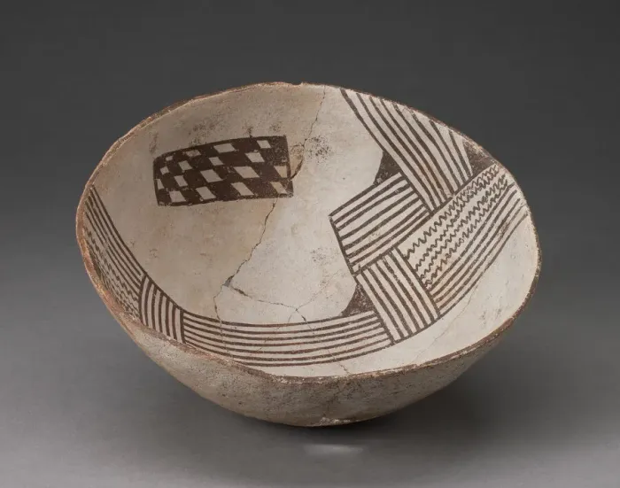 Framed Print : Bowl with Bold, Irregular Geometric Bands of Stripes, Zigzag, and Checkerboard Motifs, A Framed Print : Bowl with Bold, Irregular Geometric Bands of Stripes, Zigzag, and Checkerboard Motifs, A