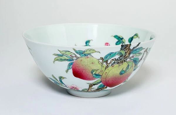 Bowl with Fruiting Peaches, Tree Peony, Flowering Plum and Bats, Qing dynasty