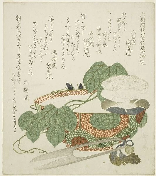 Bowl, scissors, and morning glories, c. 1820. Creator: Gakutei