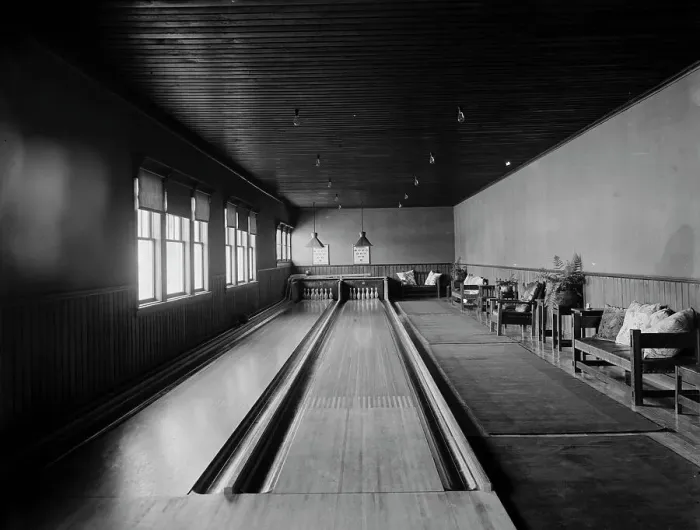 Framed Print : Bowling alleys, Paul Smith's casino, Adirondack Mountains, between 1900 and 1905. Creator: Unknown Framed Print : Bowling alleys, Paul Smith's casino, Adirondack Mountains, between 1900 and 1905. Creator: Unknown