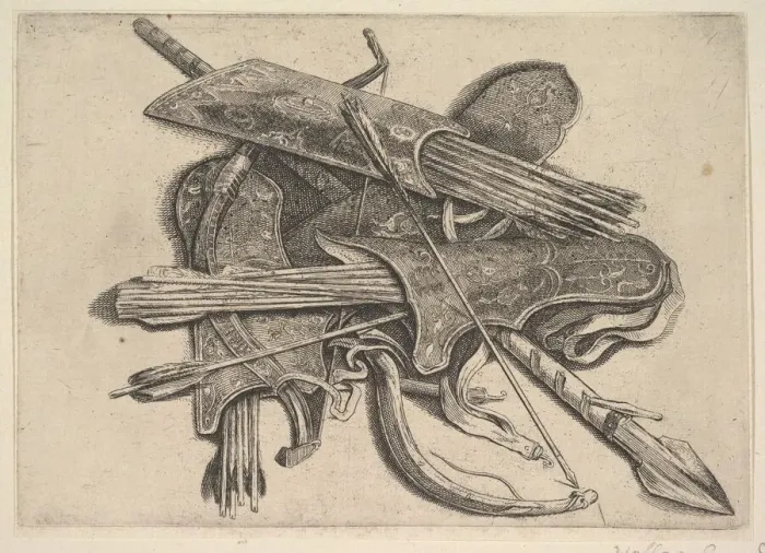 Framed Print : Bows, quivers and a spear, 1625-77. Creator: Wenceslaus Hollar Framed Print : Bows, quivers and a spear, 1625-77. Creator: Wenceslaus Hollar