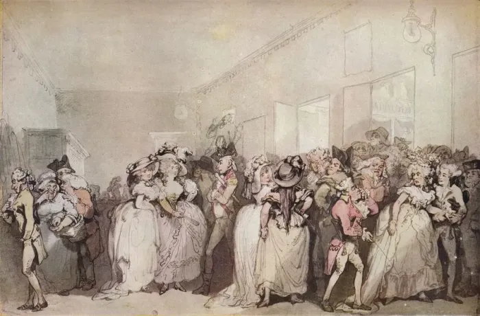 Framed Print : Box Lobby Loungers of 1785, c1785. Artist: Thomas Rowlandson Framed Print : Box Lobby Loungers of 1785, c1785. Artist: Thomas Rowlandson