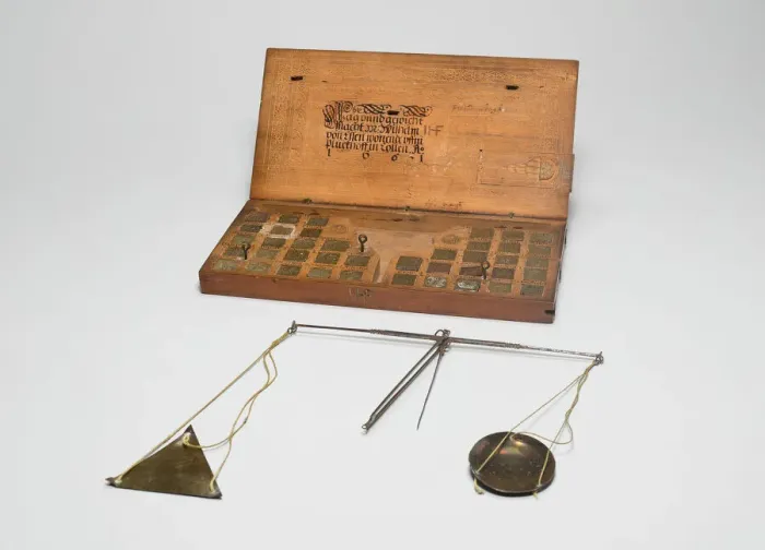 Framed Print : Box with Scale and Set of Weights, Cologne, 1661. Creator: Wilhelm von Essen Framed Print : Box with Scale and Set of Weights, Cologne, 1661. Creator: Wilhelm von Essen