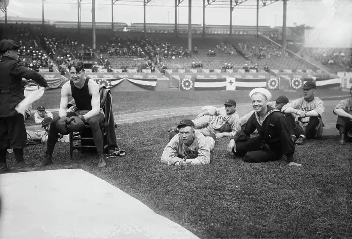 Framed Print : Boxer Joe Welling, amid Cleveland baseball players in stadium, 1918. Creator: Bain News Service Framed Print : Boxer Joe Welling, amid Cleveland baseball players in stadium, 1918. Creator: Bain News Service