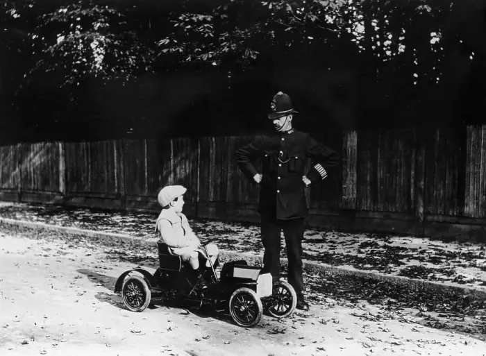 Framed Print : Boy in 1908 Mercedes pedal car Framed Print : Boy in 1908 Mercedes pedal car