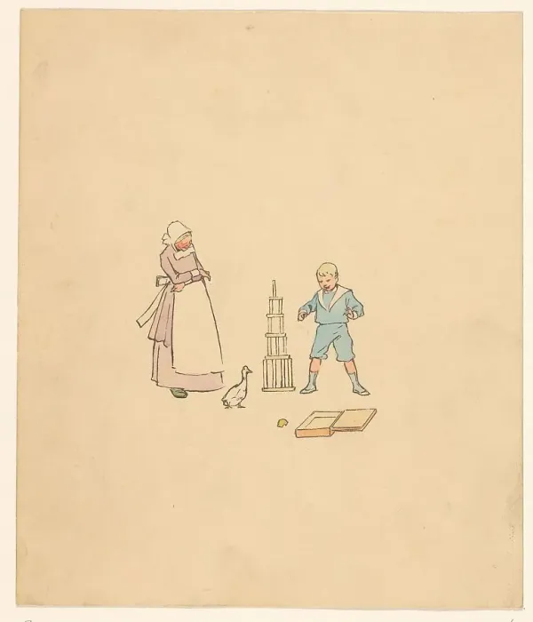 Framed Print : Boy and all over a block tower, c.1880-c.1910. Creator: Anon Framed Print : Boy and all over a block tower, c.1880-c.1910. Creator: Anon