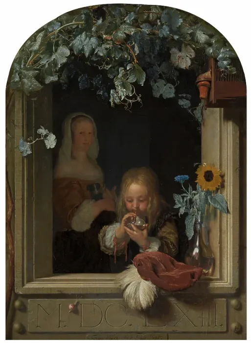 Framed Print : A Boy Blowing Bubbles, 1663. Creator: Frans van Mieris I Framed Print : A Boy Blowing Bubbles, 1663. Creator: Frans van Mieris I