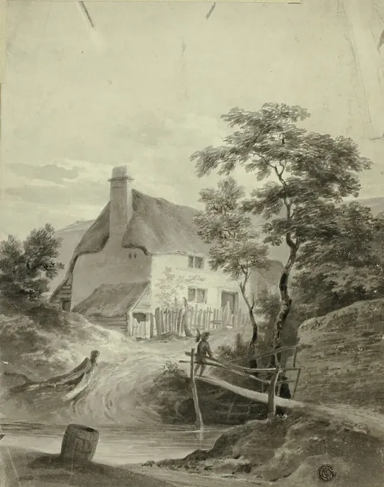 Framed Print : Boy on Bridge Outside a Cottage, n.d. Creator: Unknown Framed Print : Boy on Bridge Outside a Cottage, n.d. Creator: Unknown
