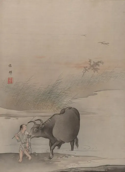 Framed Print : Boy with Cow at the Rivers Edge. Creator: Hashimoto Gaho Framed Print : Boy with Cow at the Rivers Edge. Creator: Hashimoto Gaho