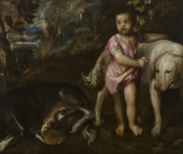 Framed Print : Boy with Dogs in a Landscape, 1565-1576. Artist: Titian (1488-1576) Framed Print : Boy with Dogs in a Landscape, 1565-1576. Artist: Titian (1488-1576)