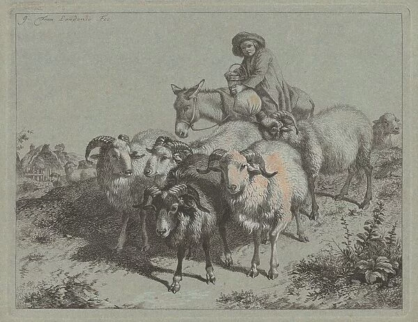 Boy on a Donkey Driving a Flock, 1763. Creator: Francesco Londonio