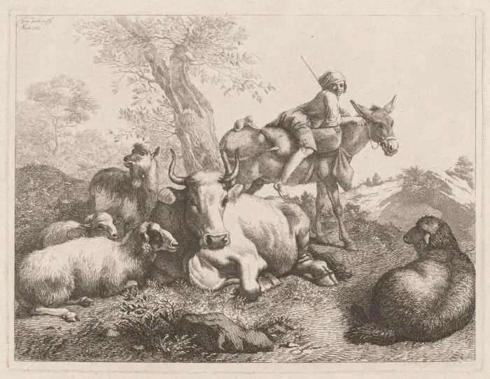 Framed Print : Boy on a Donkey Watching over a Group of Animals, 1763. Creator: Francesco Londonio Framed Print : Boy on a Donkey Watching over a Group of Animals, 1763. Creator: Francesco Londonio