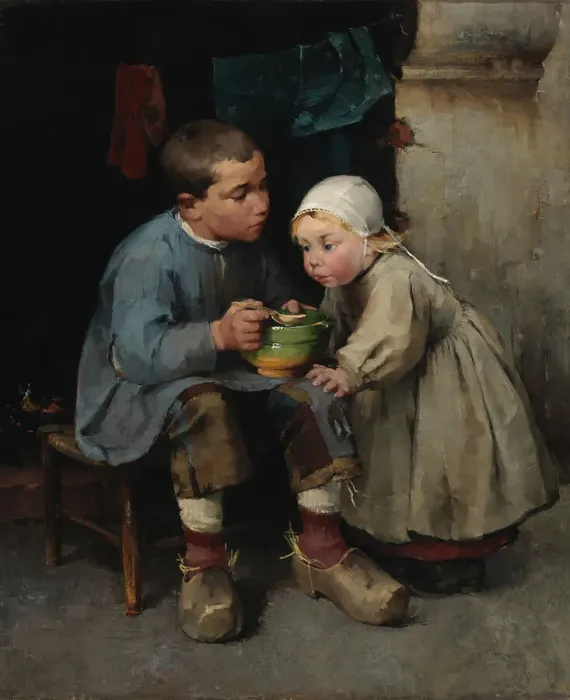 Framed Print : A Boy Feeding his Little Sister, 1881. Creator: Helene Schjerfbeck