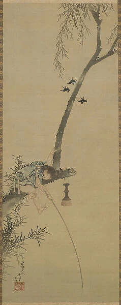 Boy fishing from the limb of a tree, Edo period, 1839. Creator: Hokusai
