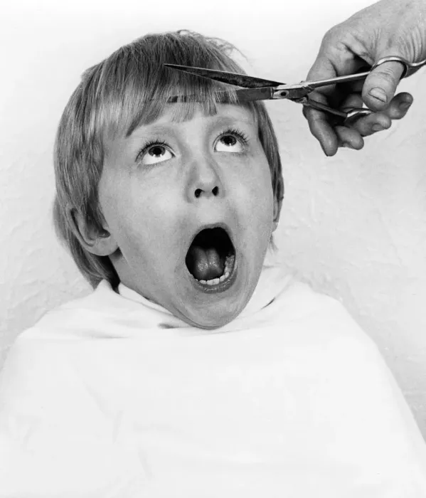 Framed Print : Boy having a haircut, 1988 Framed Print : Boy having a haircut, 1988