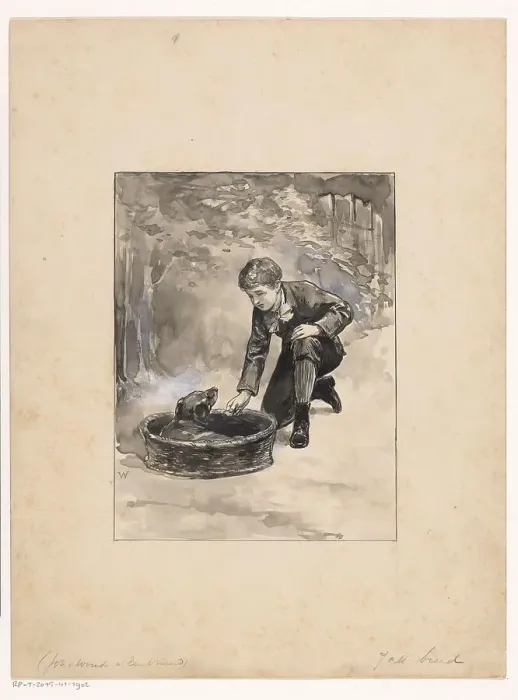 Framed Print : Boy kneels down to dog in a basket, 1870-1937 Creator: Willem Wenckebach Framed Print : Boy kneels down to dog in a basket, 1870-1937 Creator: Willem Wenckebach
