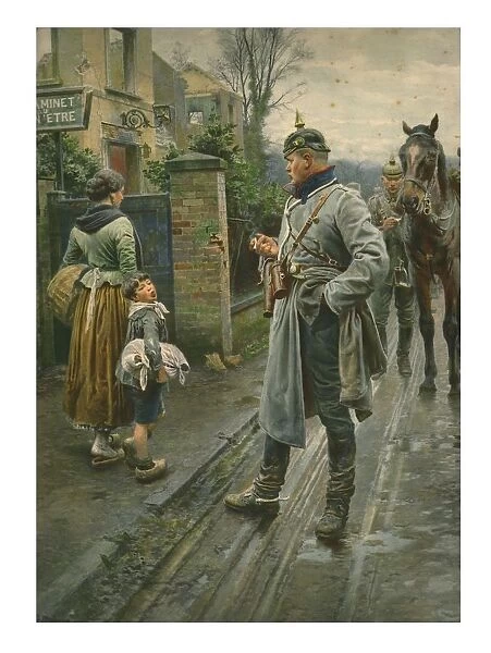 Boy making a face at a German cavalry officer. Creator: Unknown