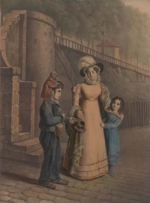 Framed Print : Boy with a monkey on his shoulder receiving coins from a mother and daughter, 1803-40 Framed Print : Boy with a monkey on his shoulder receiving coins from a mother and daughter, 1803-40