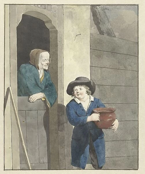 Boy with a pot with a woman leaning on a lower door, 1700-1800. Creator: W. Barthautz