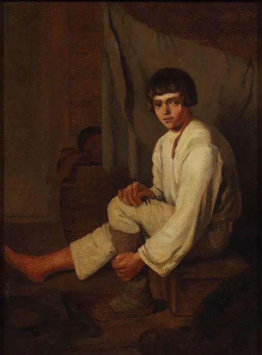 Framed Print : Boy putting bast shoe on, 1820s Framed Print : Boy putting bast shoe on, 1820s