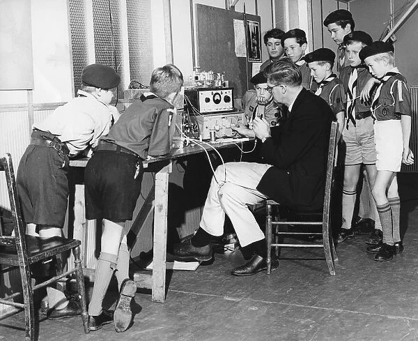 Boy scouts learning radio transmitting, 1960s