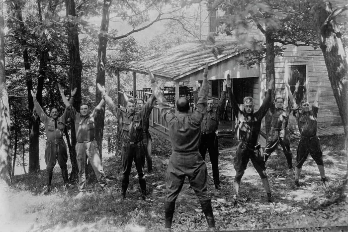 Framed Print : Boy Scouts, mimetic exercise, between c1915 and c1920. Creator: Bain News Service Framed Print : Boy Scouts, mimetic exercise, between c1915 and c1920. Creator: Bain News Service