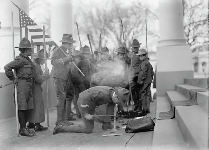 Framed Print : Boy Scouts - Visit of Sir Robert Baden-Powell To D.C. Making Fire, 1911. Creator: Harris & Ewing. Boy Scouts - Visit of Sir Robert Baden-Powell To D.C. Making Fire, 1911. Creator: Harris & Ewing