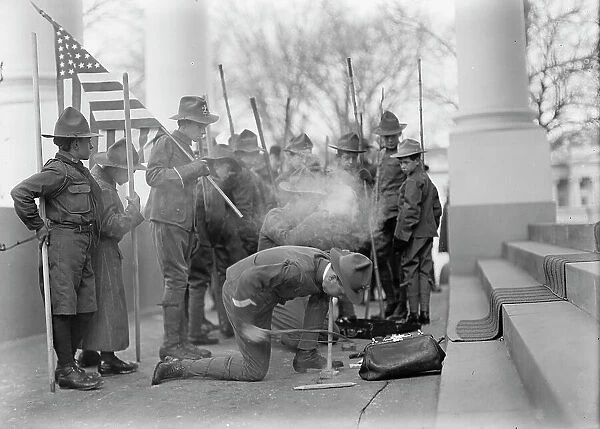 Boy Scouts - Visit of Sir Robert Baden-Powell To D.C. Making Fire, 1911. Creator: Harris & Ewing. Boy Scouts - Visit of Sir Robert Baden-Powell To D.C. Making Fire, 1911. Creator: Harris & Ewing