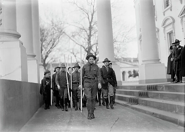 Boy Scouts - Visit of Sir Robert Baden-Powell To DC Reviewing Parade from White House Portico, 1911. Creator: Harris & Ewing. Boy Scouts - Visit of Sir Robert Baden-Powell To DC Reviewing Parade from White House Portico, 1911