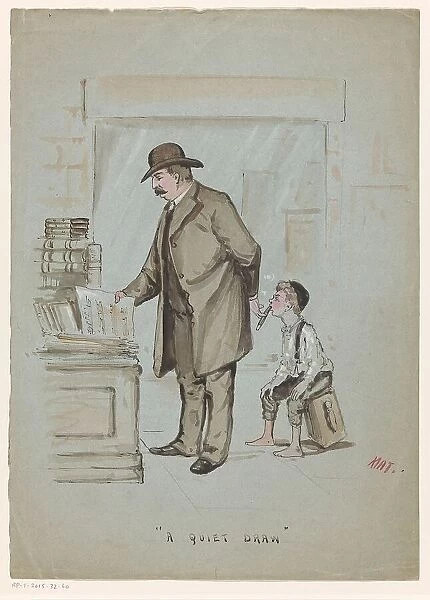 Boy secretly takes a puff of a cigar held by a man looking at sheet music, c.1900-c.1950. Creator: Mat