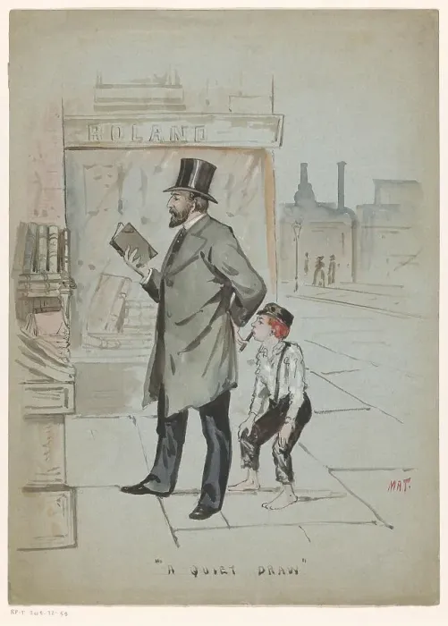 Framed Print : Boy secretly takes a puff of a cigar held by a man looking at books, c.1900-c.1950. Creator: Mat Framed Print : Boy secretly takes a puff of a cigar held by a man looking at books, c.1900-c.1950. Creator: Mat
