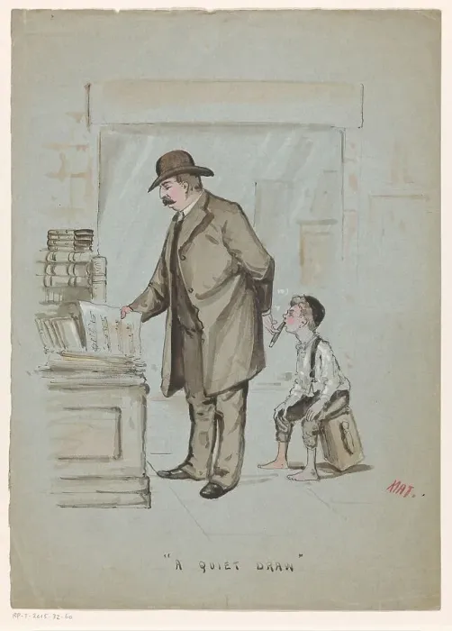 Framed Print : Boy secretly takes a puff of a cigar held by a man looking at sheet music, c.1900-c.1950. Creator: Mat Framed Print : Boy secretly takes a puff of a cigar held by a man looking at sheet music, c.1900-c.1950. Creator: Mat