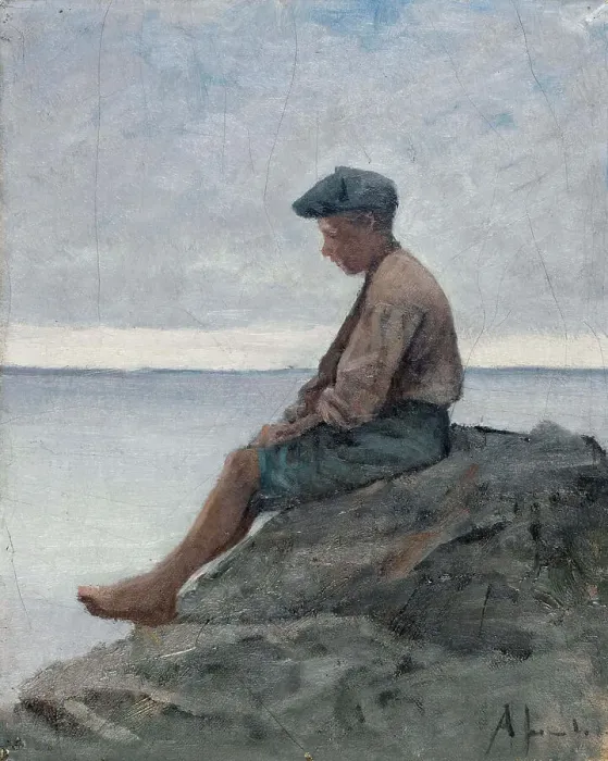 Framed Print : Boy sitting on rocks at the beach, 1880-1889. Creator: Amelie Lundahl Framed Print : Boy sitting on rocks at the beach, 1880-1889. Creator: Amelie Lundahl